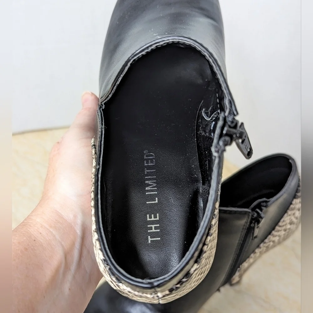 The Limited Nadalie Bootie Black Faux Snakeskin Open Side Pointed Toe Heeled - Picture 8 of 13